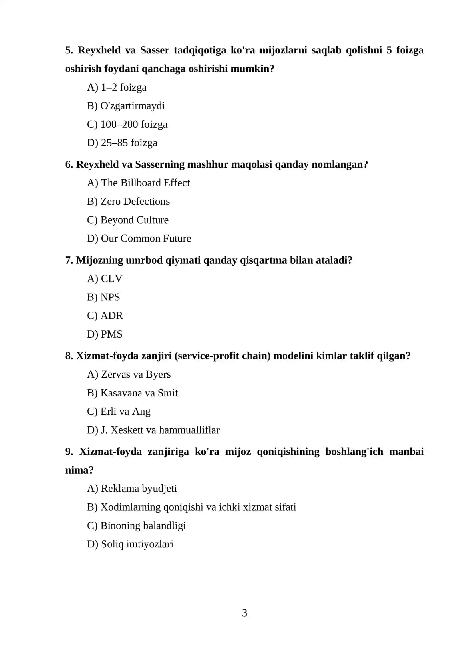 Xalqaro mehmonxona menejmenti test topshiriglari 3