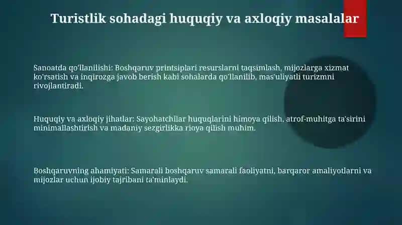 Turizmda boshqaruvning ahamiyati va sohada qo’llanishidagi ahamiyati 3
