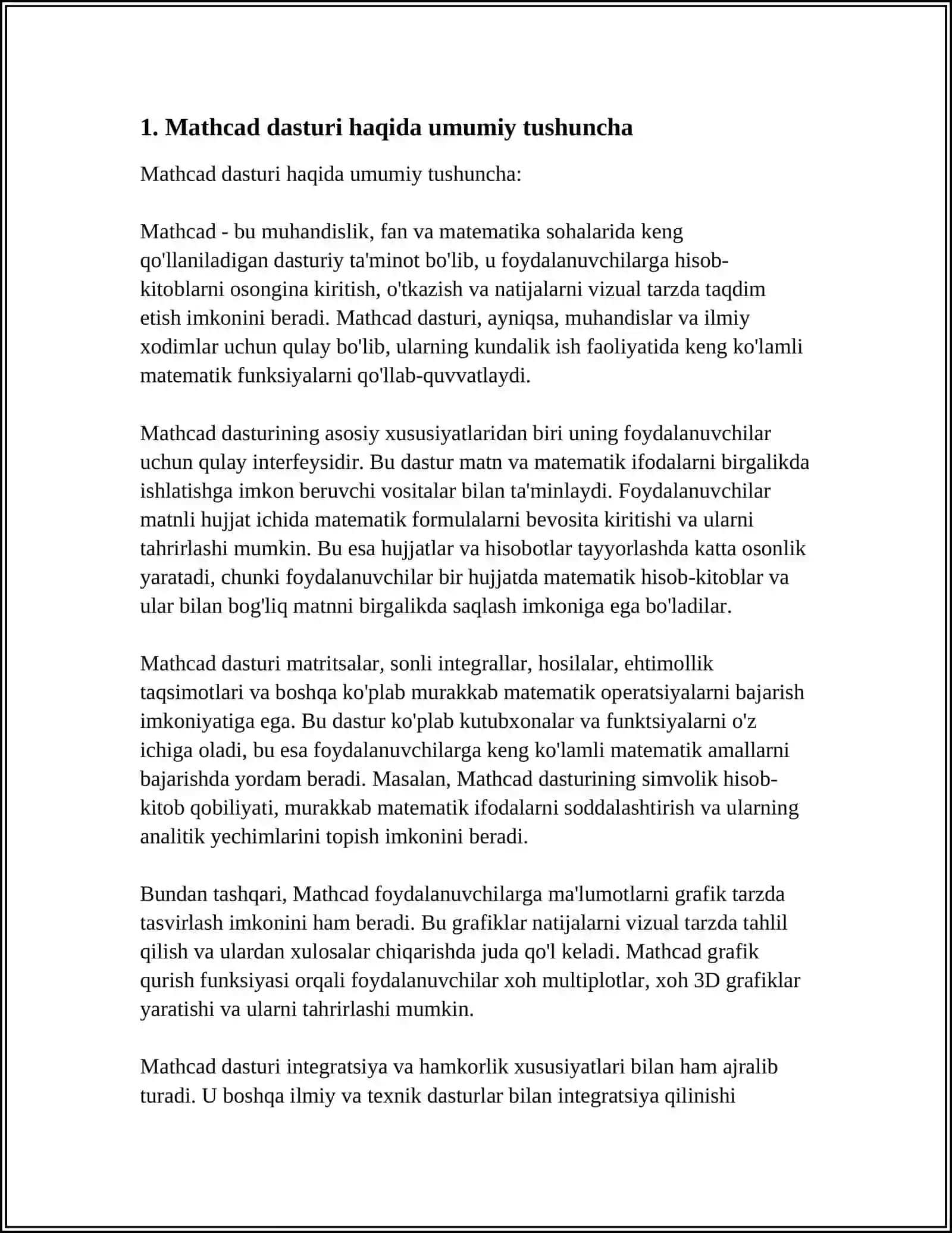 MATHCAD SIMULIZATSIYA MUHITI HAQIDA TUCHUNCHA BERING 3