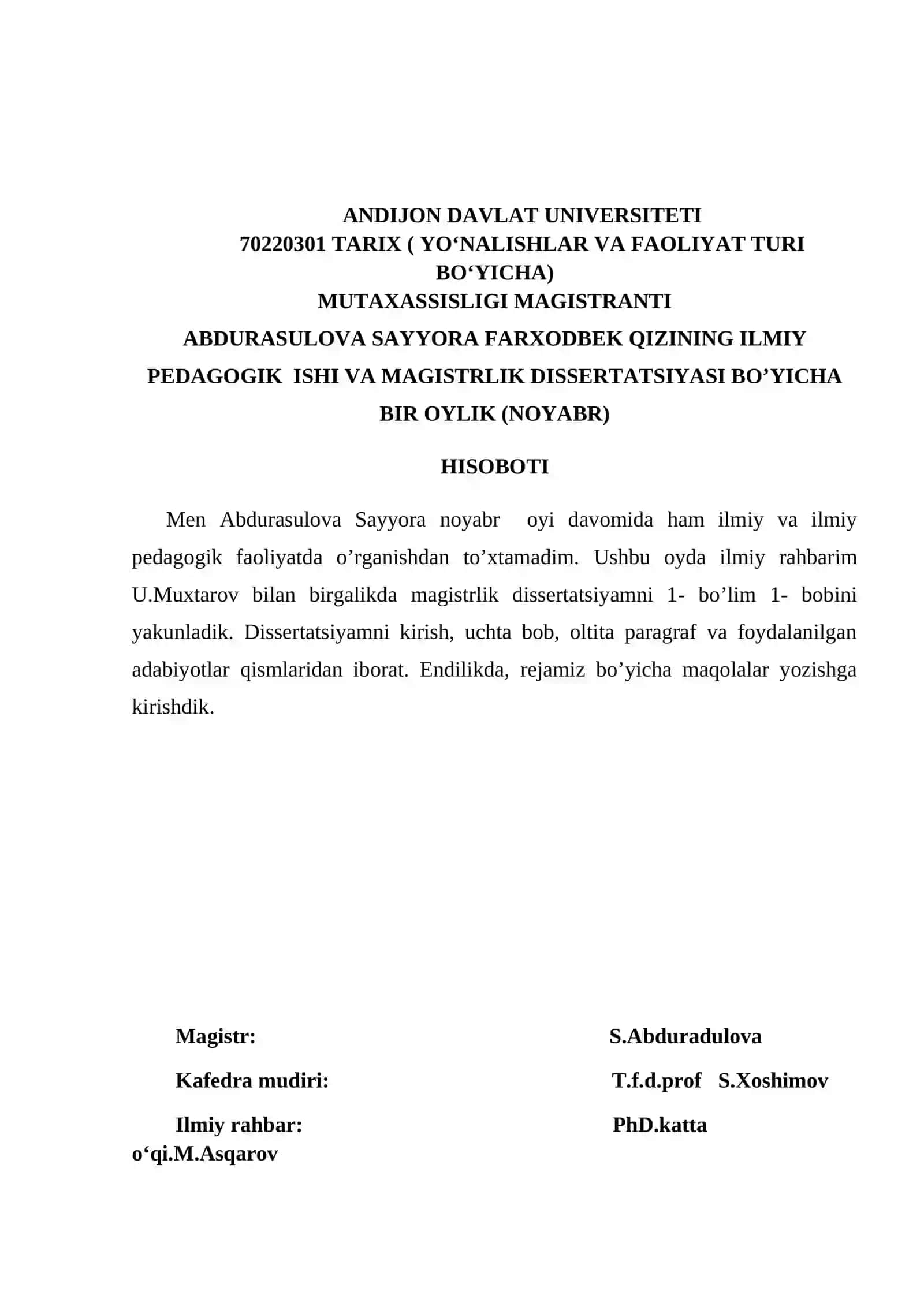 ABDURASULOVA SAYYORA FARXODBEK QIZINNING ILMIY PEDAGOGIK ISHI VA MAGISTRLIK DISSERTATSIYASI BO’YICHA BIR OYLIK (SENTABR) HISOBOTI 3