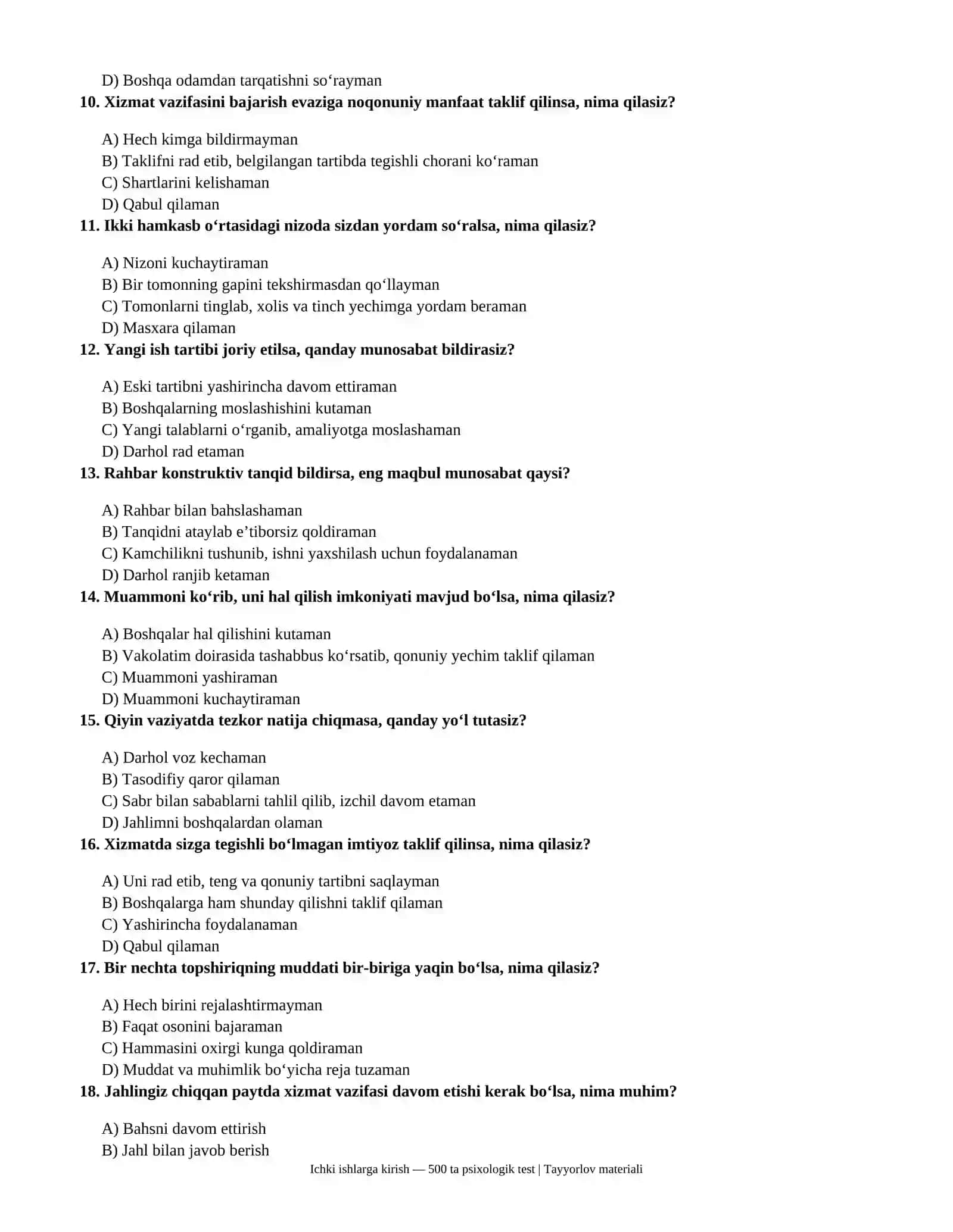 Ichki ishlarga ishga kirish uchun 500 ta psixologik test savollari va javoblari 3
