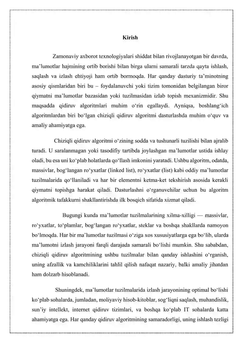 Chiziqli qidiruv algoritmi va uning ma'lumotlar tuzilmalariga (MT) qo‘llanilishi 3