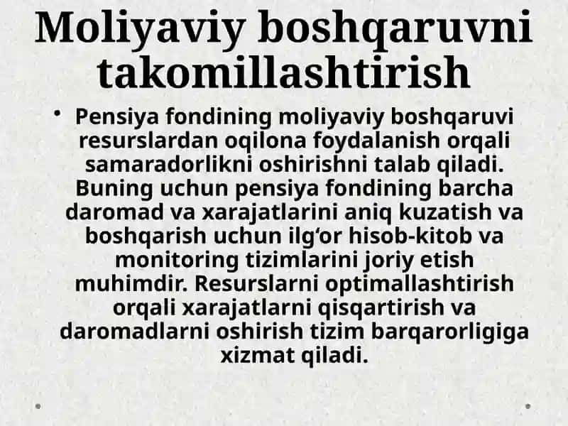 Pensiyajamgarmasi moliyaviy resurslarni boshqarish va moliyaviy barqarorlikni taminlash 3
