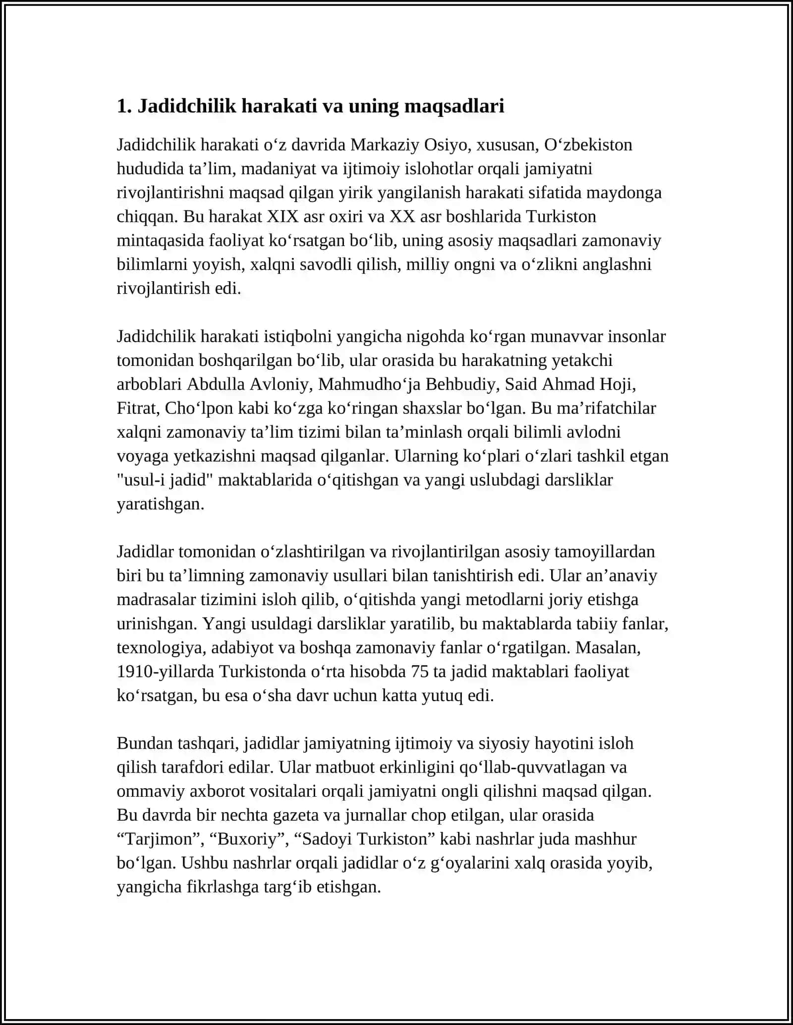 JADID MA’RIFATPARVARLARINING O‘LKA IJTIMOIY-MA’NAVIY HAYOTIDA TUTGAN O‘RNI (MUNAVVAR QORI, FITRAT, BEHBUDIY, AVLONIY ) 3