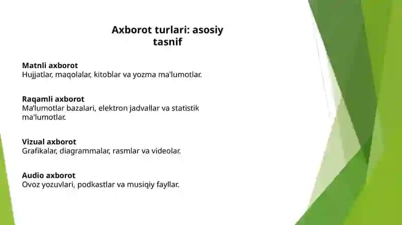 AXBOROT VA UNING TURLARINING TURLI SOHALARDA QO’LLANISHI 3