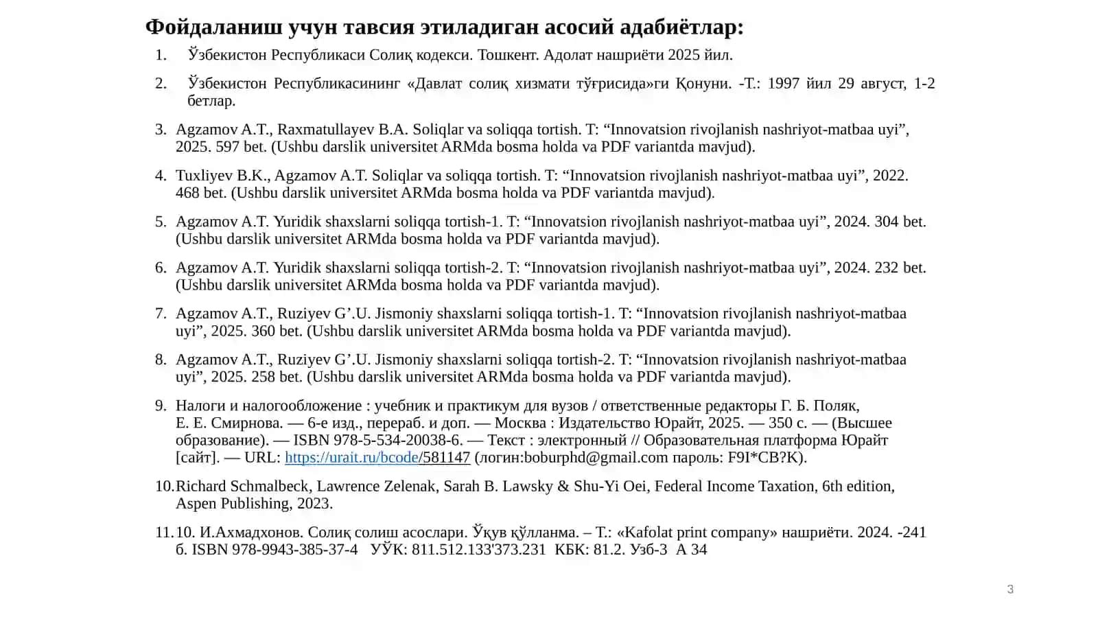 ФОЙДА СОЛИҒИ. ЖИСМОНИЙ ШАХСЛАРДАН ОЛИНАДИГАН ДАРОМАД СОЛИҒИ. ИЖТИМОИЙ СОЛИҚ 3