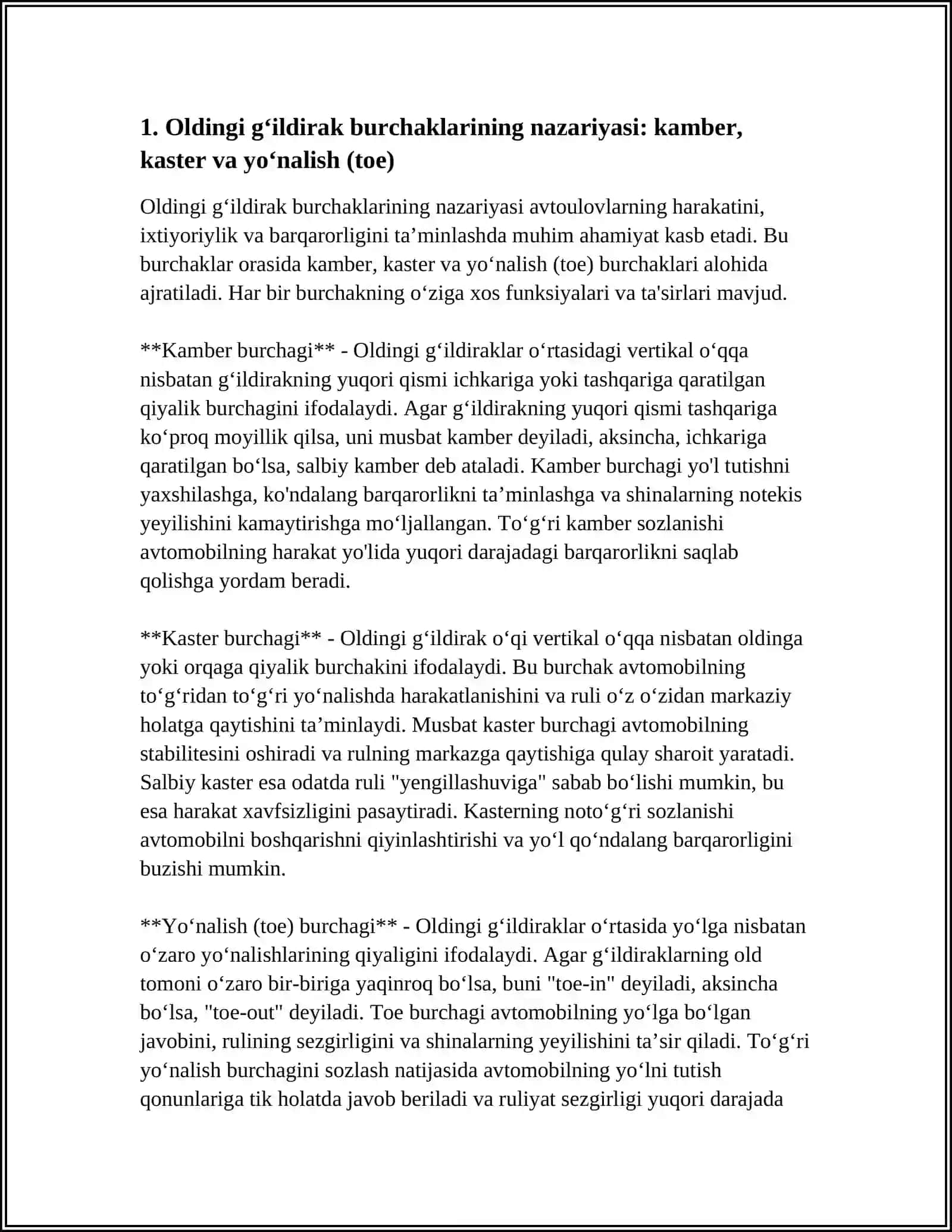 AVTOMOBILLARNING OLDINGI GʻILDIRAKLARNING OʻRNATISH BURCHAKLARINI ANIQLASH VA SOZLASH TEXNOLOGIYASI 3