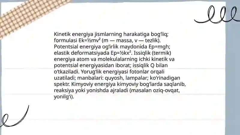 Energiya issiqlik va yirug’lik. Tovush va harakat Abduxalilova Umida 3