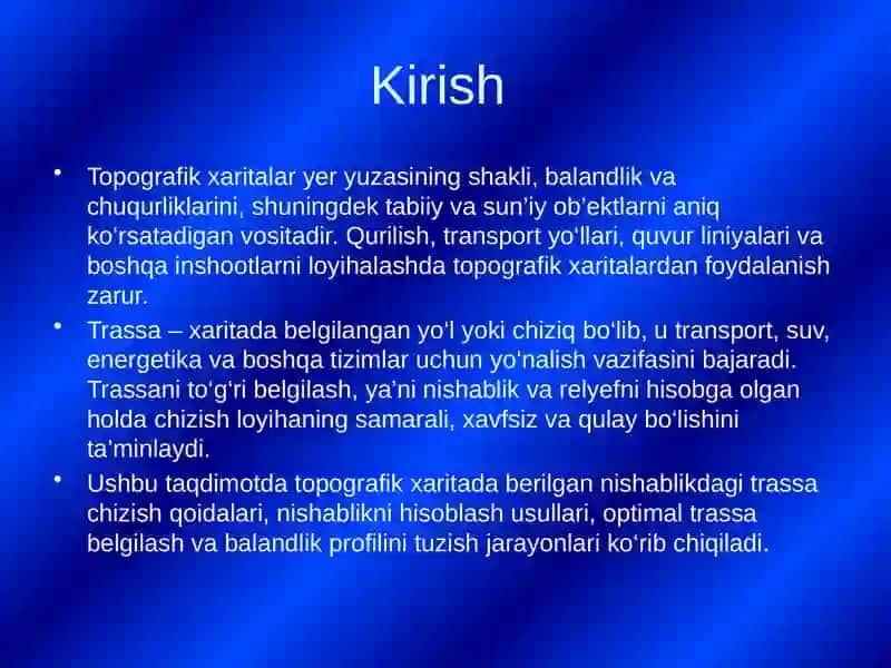 Topografik xarita da berilgan Nishablikda trassa chiziqlik 3
