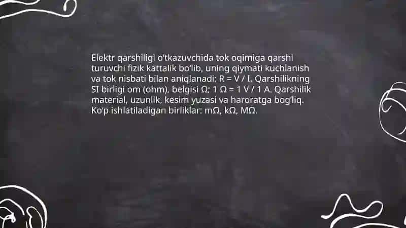 Elektr qarshiligi o‘tkazuvchida tok oqimiga qarshi turuvchi fizik kattalik bo‘lib 3