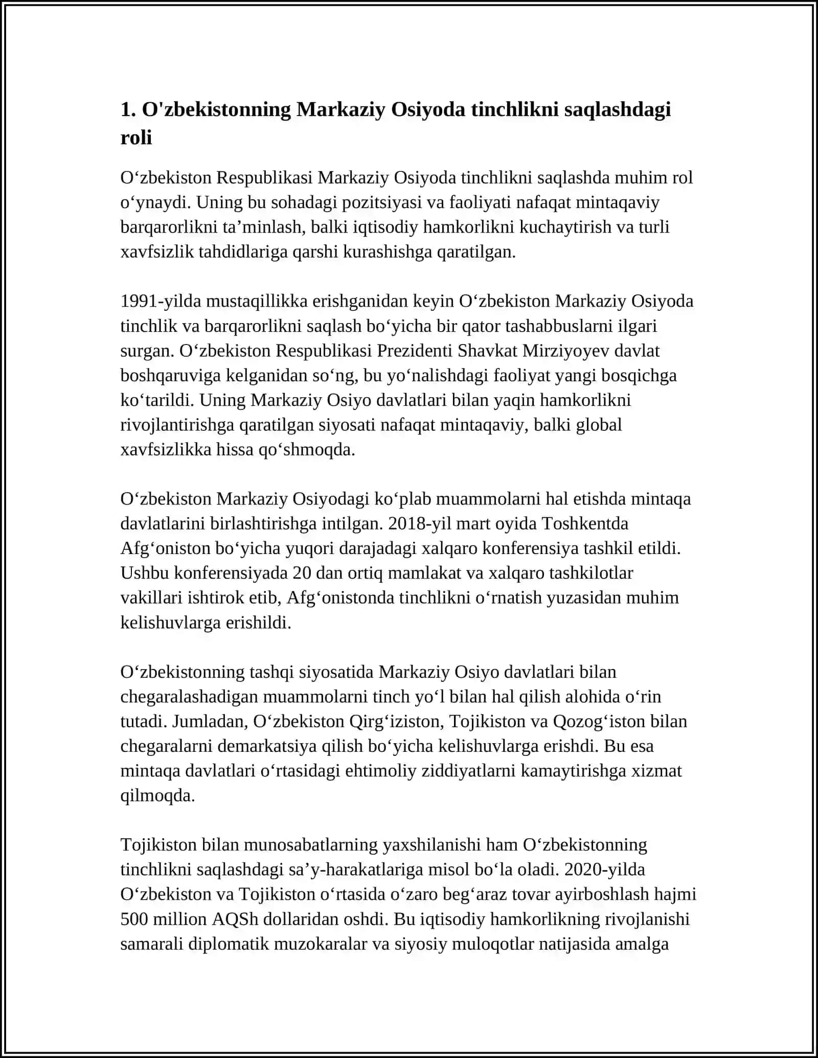 MUSTAQIL ISH Mavzu: O'ZBEKISTONNING MARKAZIY OSIYODA TINCHLIK VA BARQARORLIKNI TA'MINLASHDAGI O'RNI 3