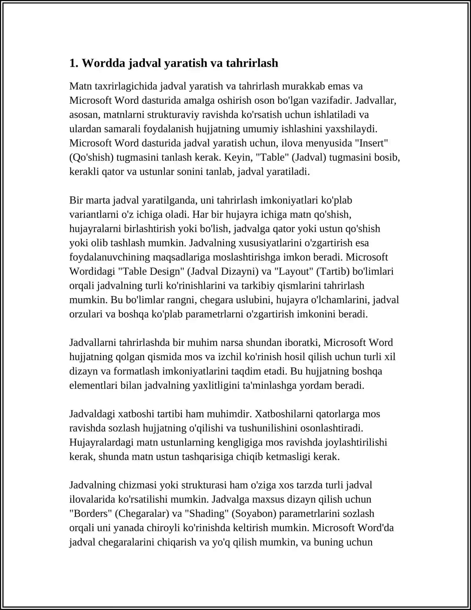 WORD MATN TAXRRIRLAGICHIDA JADVAL RASM FORMULA MATNLAR STRUKTURASI BILAN ISHLASH 3