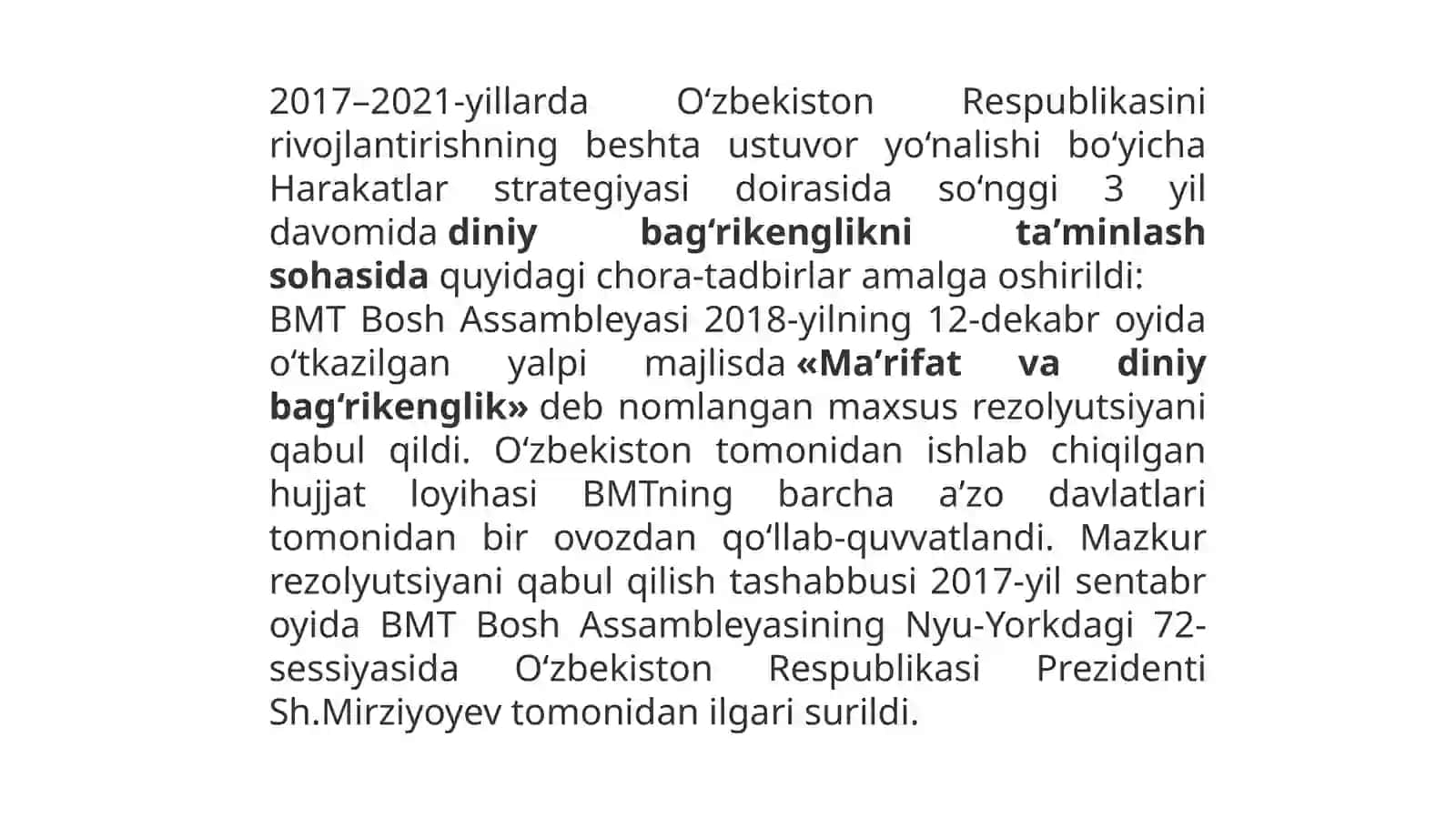 O’ZBEKISTON RESPUBLIKASINING PREZIDENTI SHAVKAT MIRZIYOYEVNING DINIY BAG’RIKENGLIK SOHASIDA OLIB BORGAN OQILONA SIYOSATI 3