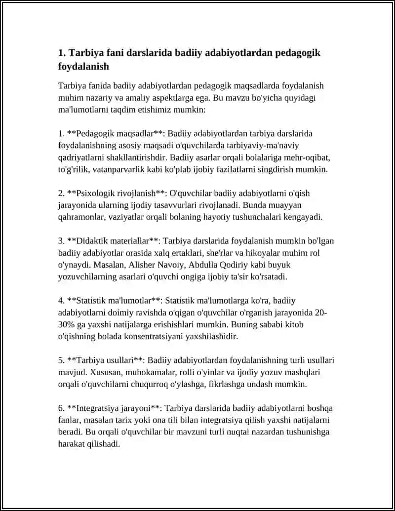TARBIYA FANI O'QITISHDA BADIIY PEDAGOGIKA IMKONOYATLARIDAN FOYDALANISH 3