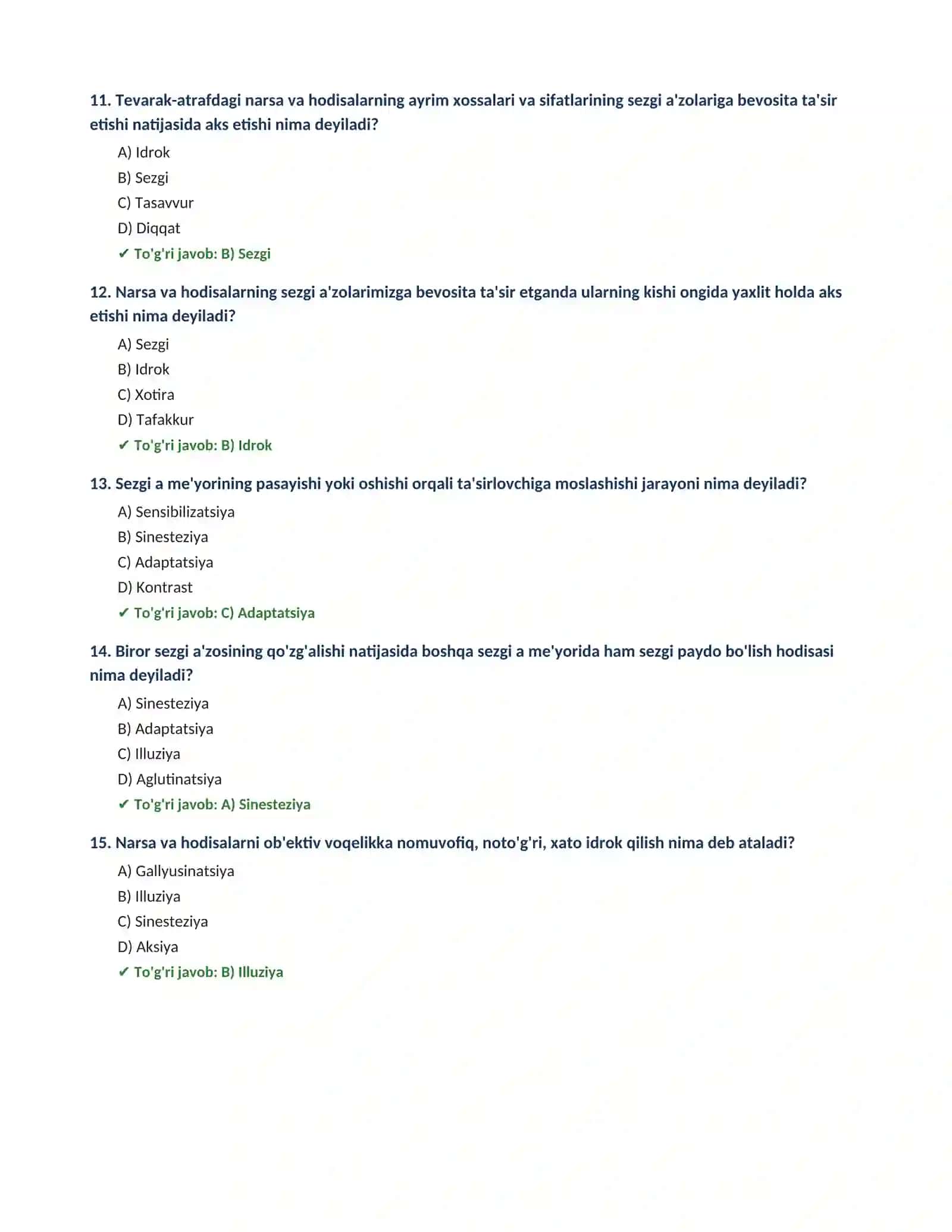PSIXOLOGIYA FANIDAN TEST TOPSHIRIQLARI 100 ta savol javoblari bilan 3