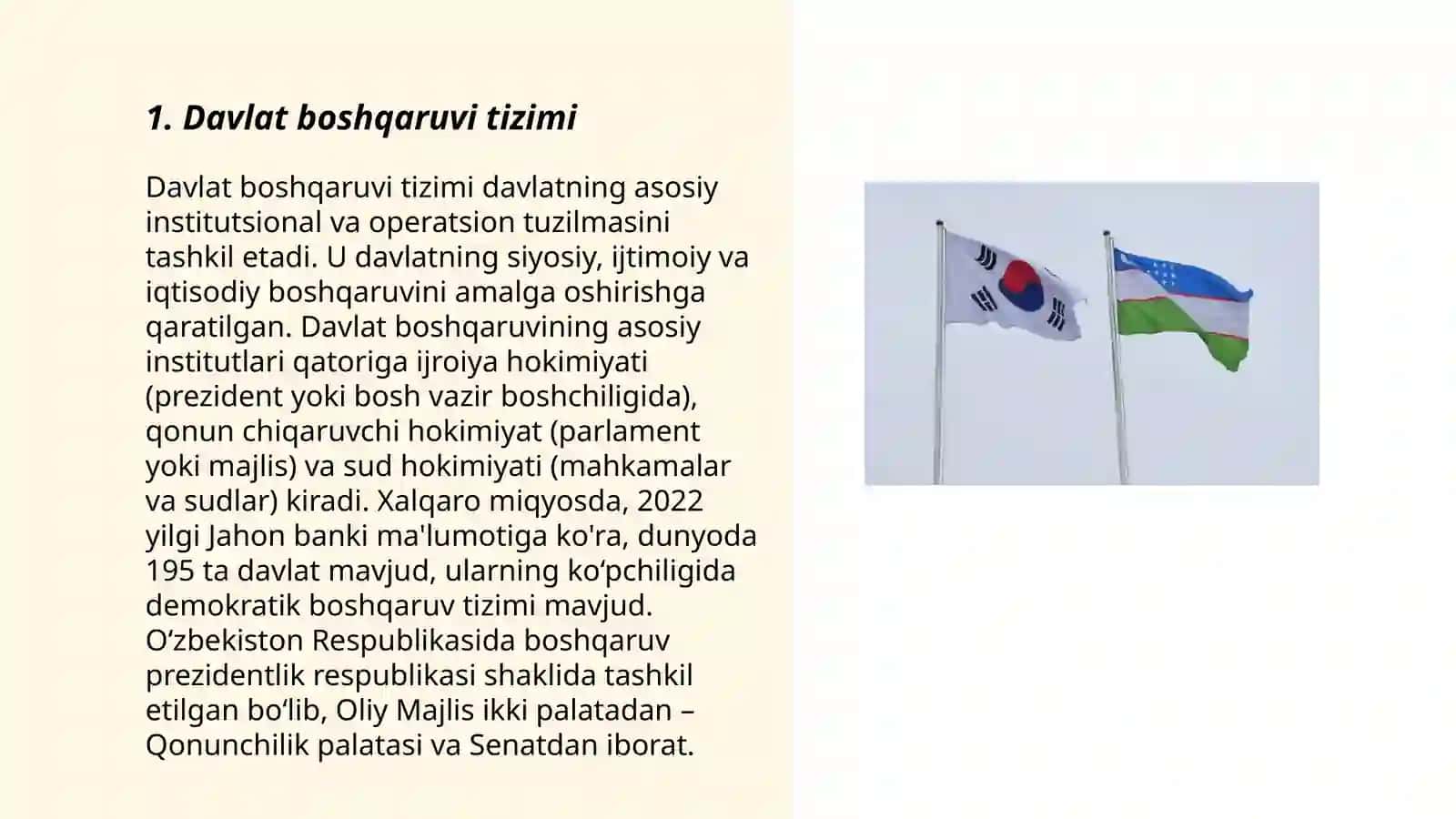 Janubiy Koreya davlatining boshqaruv qarorlari,boshqaruv tuzilmasiva salohiyati va huquqiy tizim tomonlami O’zbekiston bilan oʻxshashligi 3