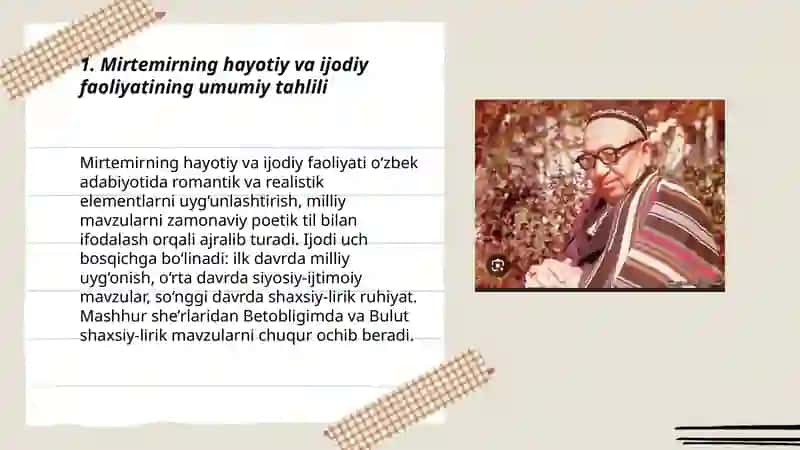 Mirtemir hayoti va ijodi hamda Betobligimda va Bulut she’ rlari va ularning tahlili 3