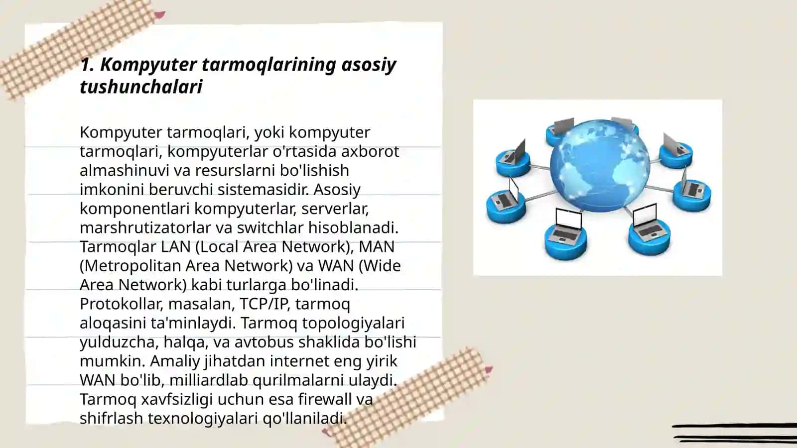Kompyuter tarmoqlari va uning turlari.Simli va simsiz tarmoq.Kompyuter tarmoqlari va ularning mohiyati. Intrnet. Intrnet va intrnet tarmog'i va ularni tashkil etish 3