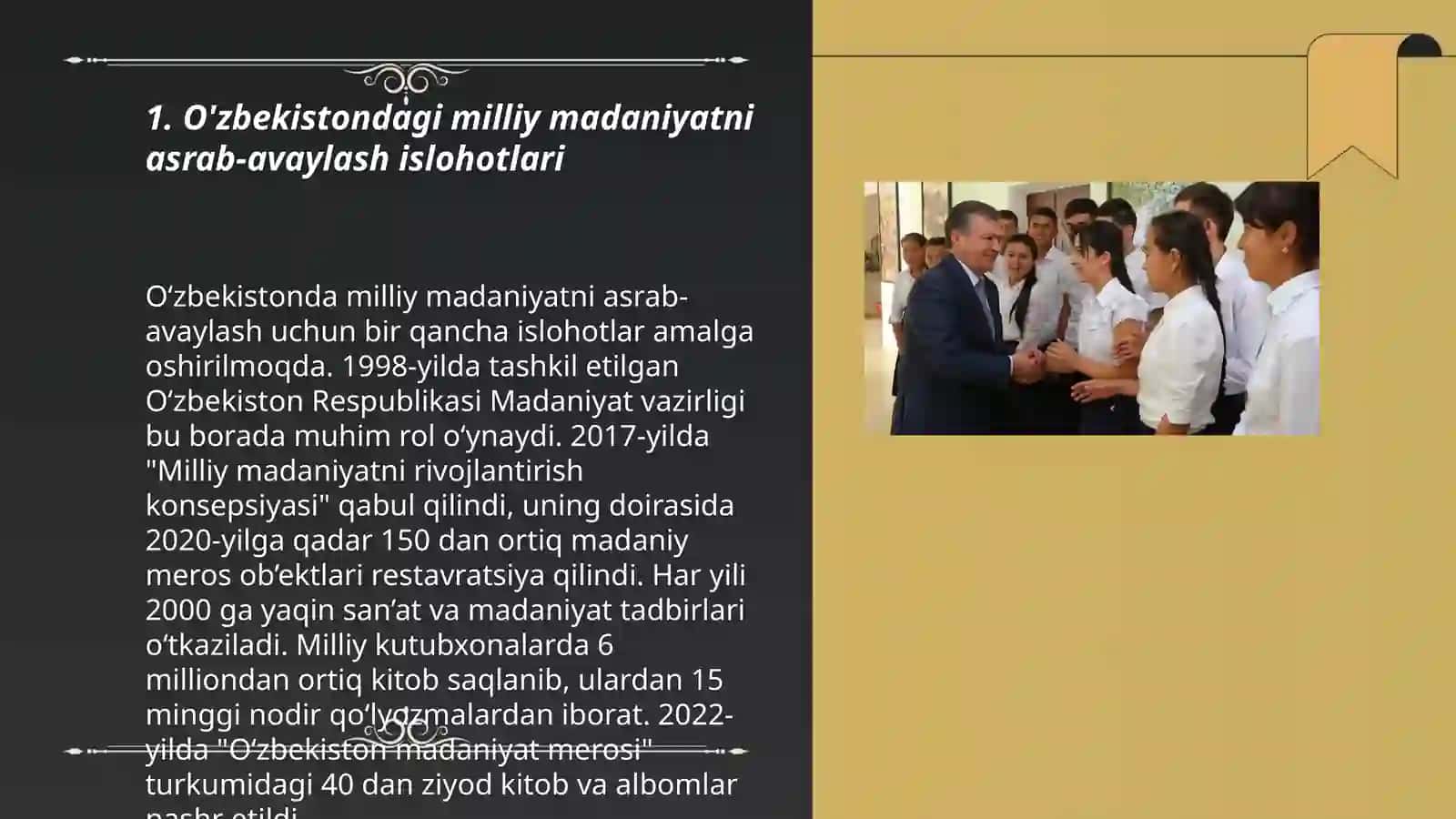 O'zbekistondagi milliy qadriyatlar VA tarixni tiklash borasidagi islohotlar 3