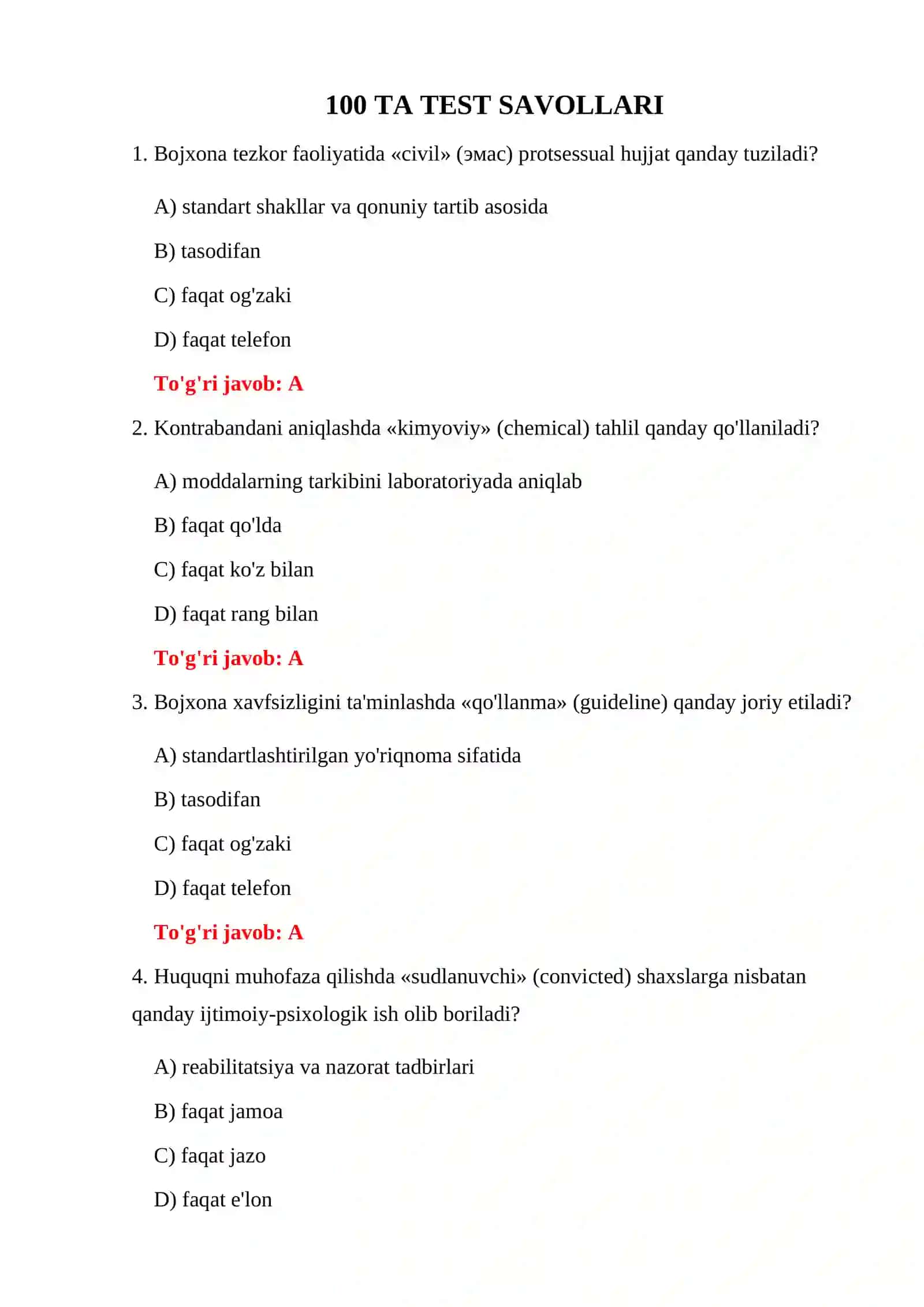 BOJXONA HUQUQBUZARLIKLARI 100 TA TEST 3