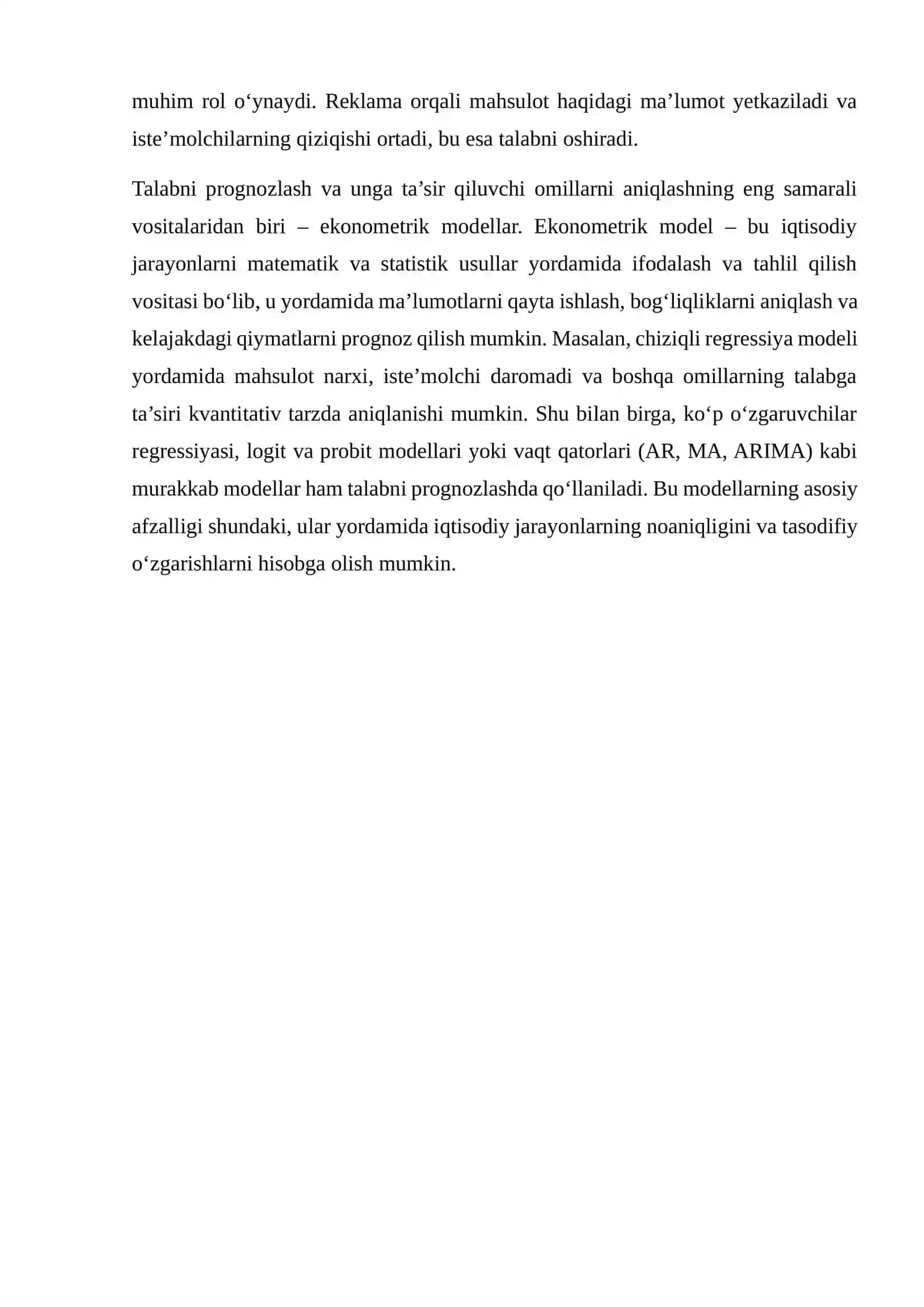 MAHSULOTGA BO‘LGAN TALABNING EKONOMETRIK MODELLARINI TUZISH 3