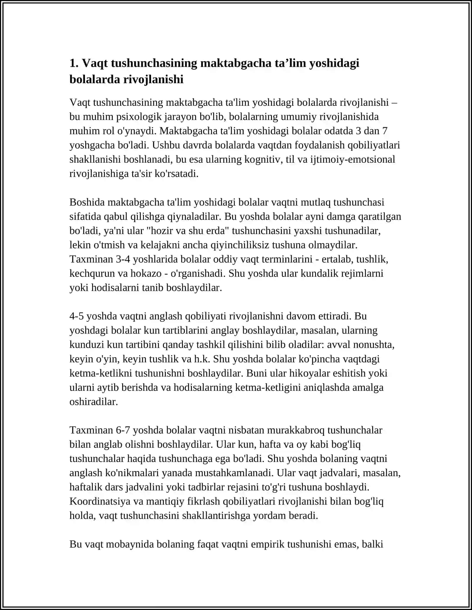 MAKTABGACHA TAʼLIM TASHKILOTLARIDA HAR BIR YOSH GURUHLARIDA VAQT HAQIDAGI TASAVVURLARNI RIVOJLANISHI 3