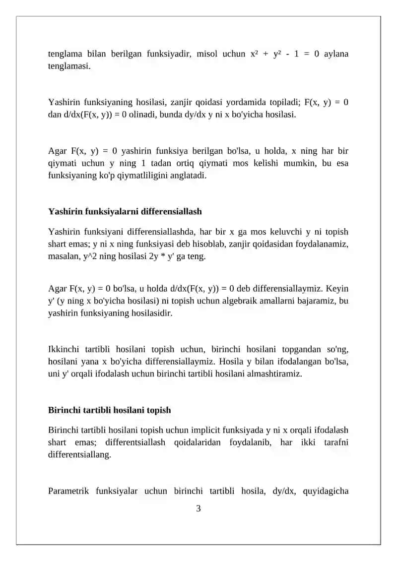 Yashirin va Parametrik Ko‘rinishda Berilgan Funksiyalarning Yuqori Tartibli Hosilalari 3