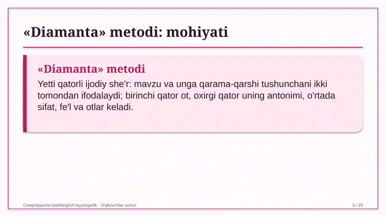 chaqiriqqacha boshlang'ich tayyorgarlik darslarida diamanta metodidan foydalanish 8812 3