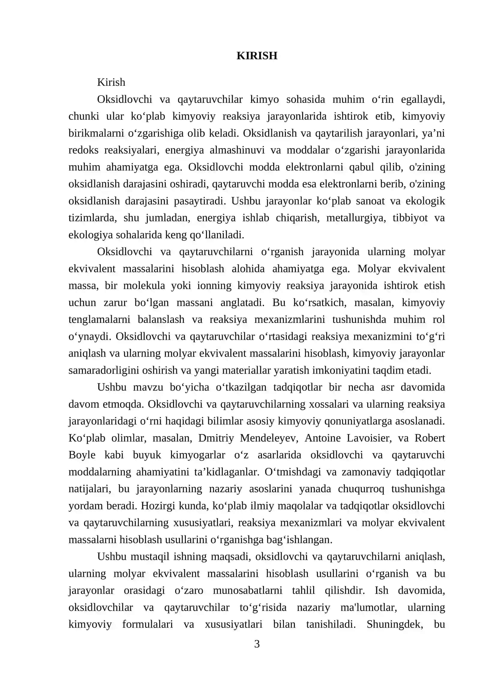 Oksidlovchi va qaytaruvchilarning molyar ekvivalent massasini hisoblash 3
