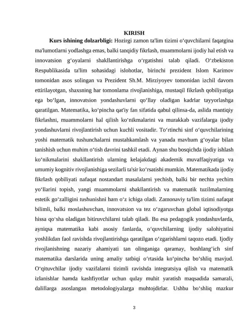 "TO'RTINCHI SINFDA MATEMATIKADAN O'QUVCHILARNI IJODIY ISHLASHGA O'RGATISH METODIKASI." 3