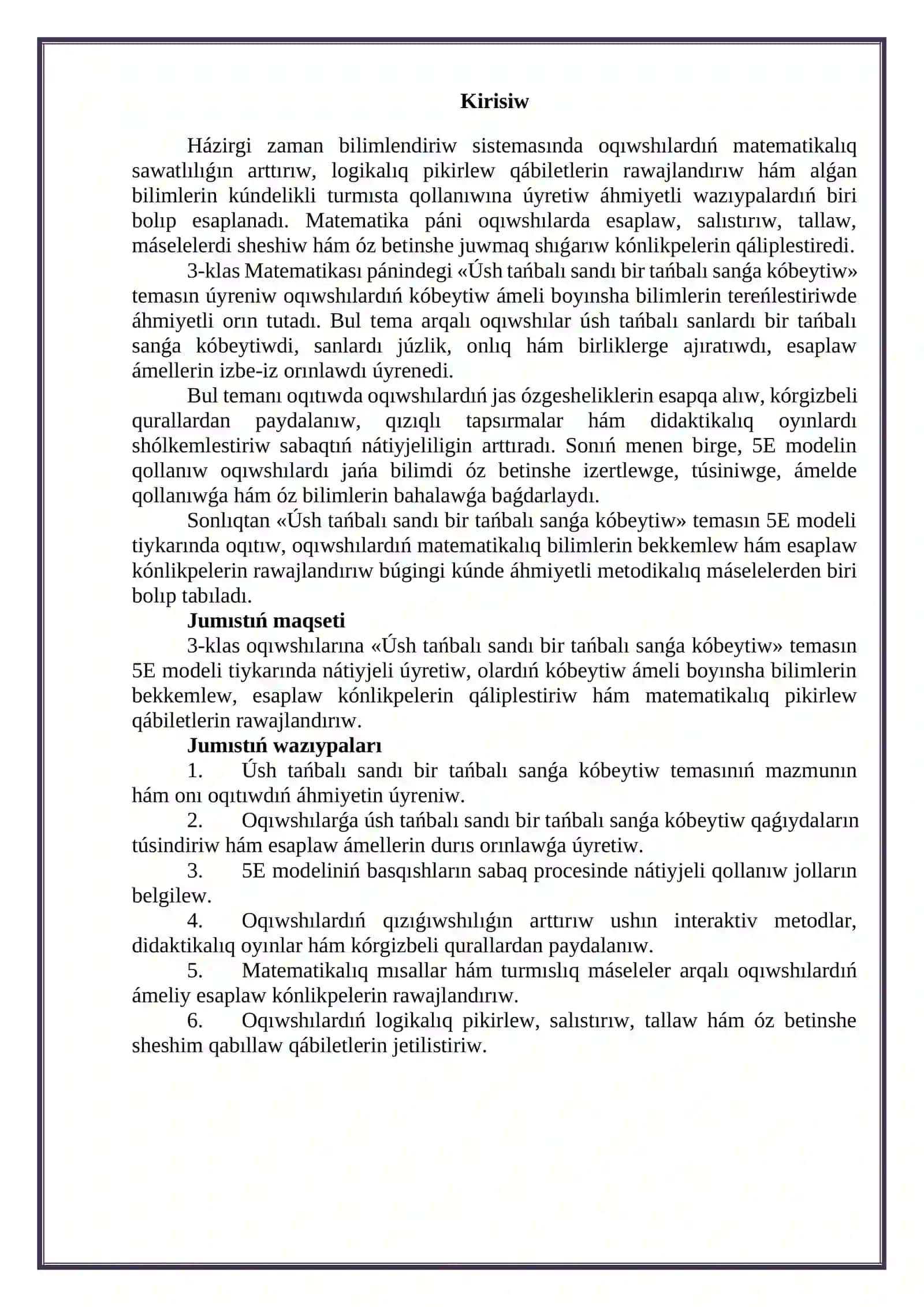 3-klass “Úsh tańbalı sandı bir tańbalı sanǵa kóbeytiw” 3