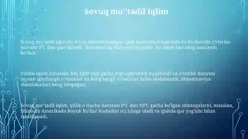 Sovuq mo''tadil iqlimda 4-5 oy davom etadigan qish mavsumi 3