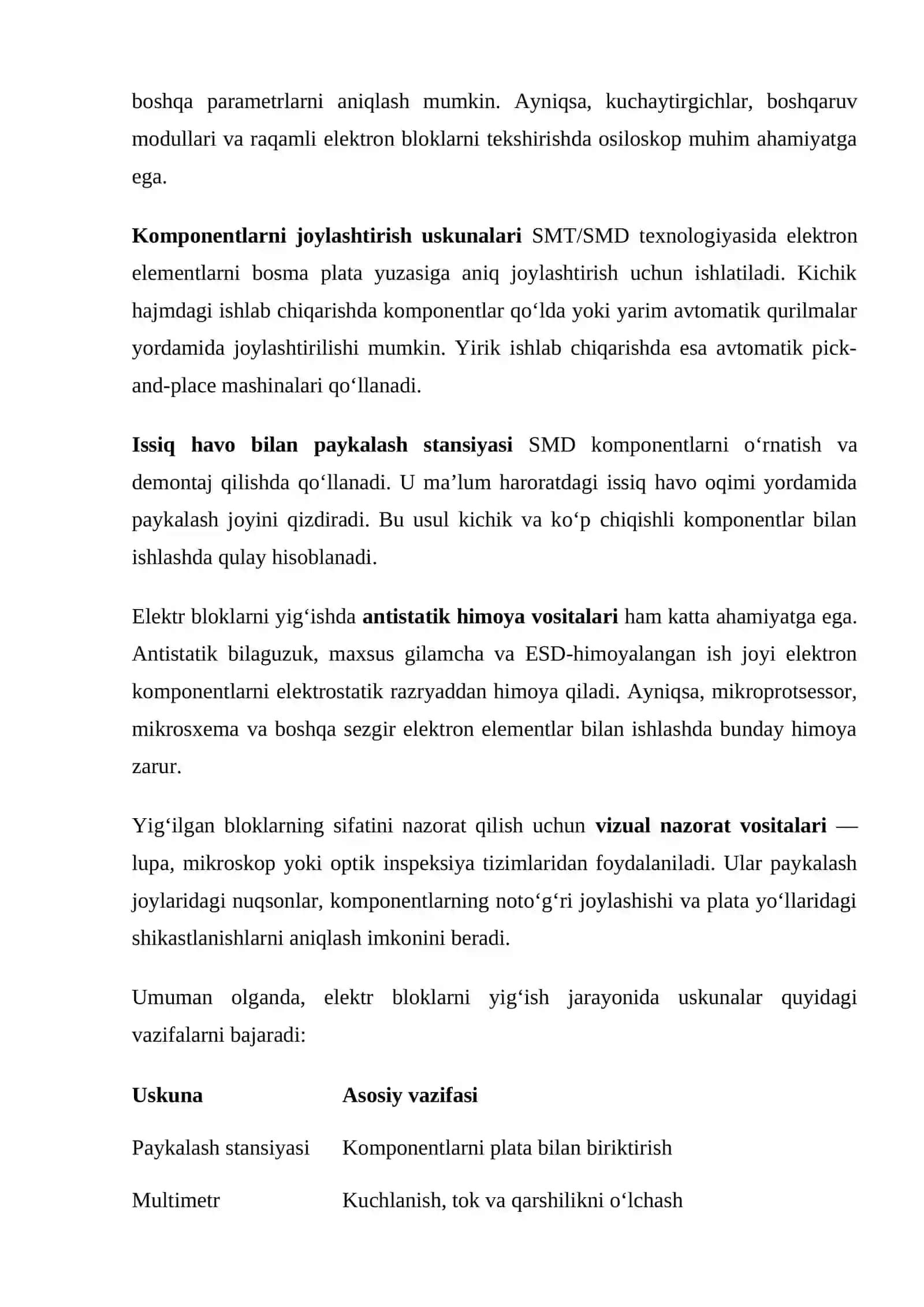 mustaqil ish Elektr bloklarni yig‘ishda qo‘llaniladigan uskunalar va texnologiyalarni tahlil qilish. 3