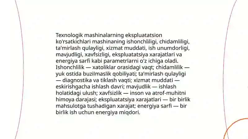 Texnologik mashinalarning ekspluatatsion ko'rsatkichlari va ularga qo'ylladigan talablar 3