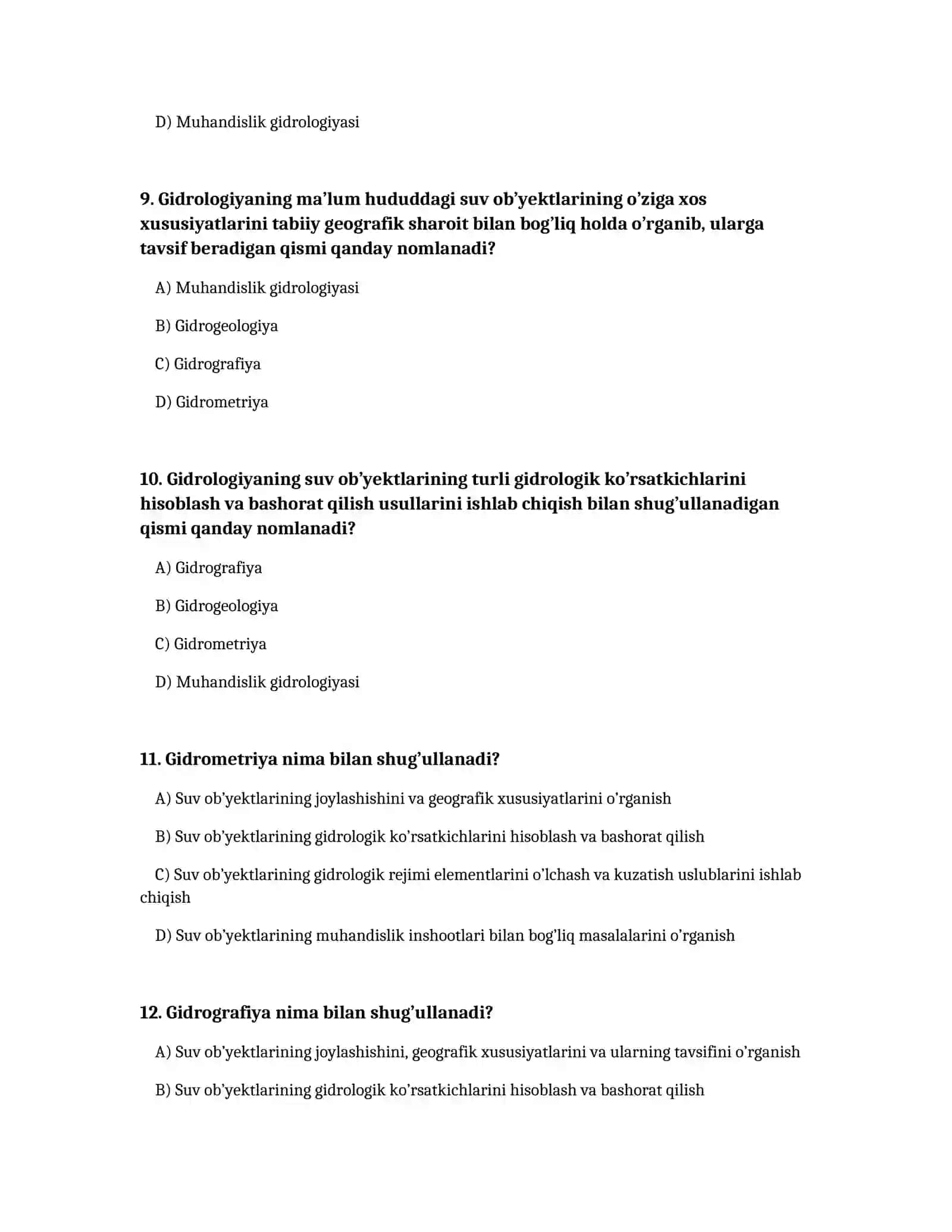 Gidrologiya fanidan test savollari 3
