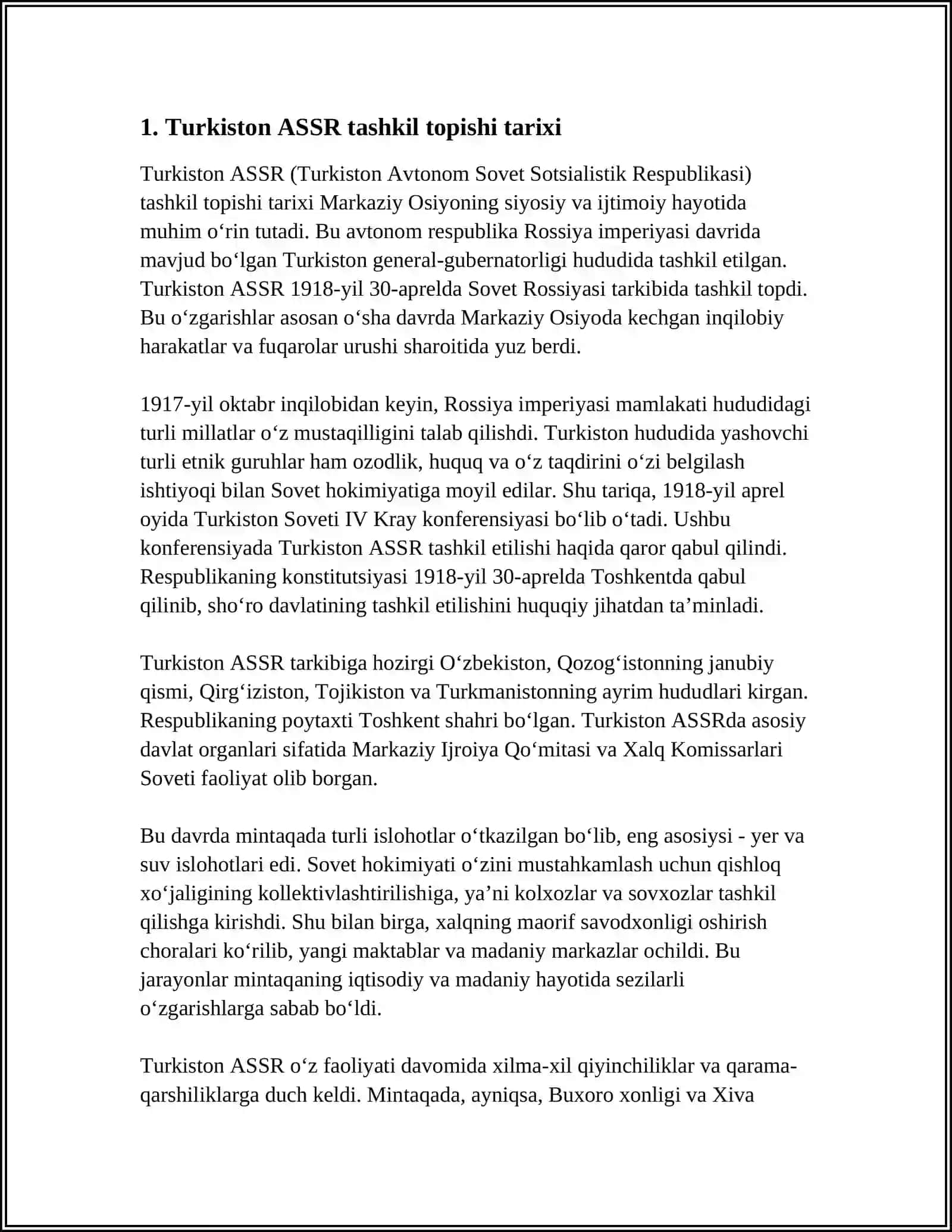 TURKISTON ASSRNI TASHKIL TOPISHI FAOLIYATI BOYICHA MUSTAQIL ISH 3