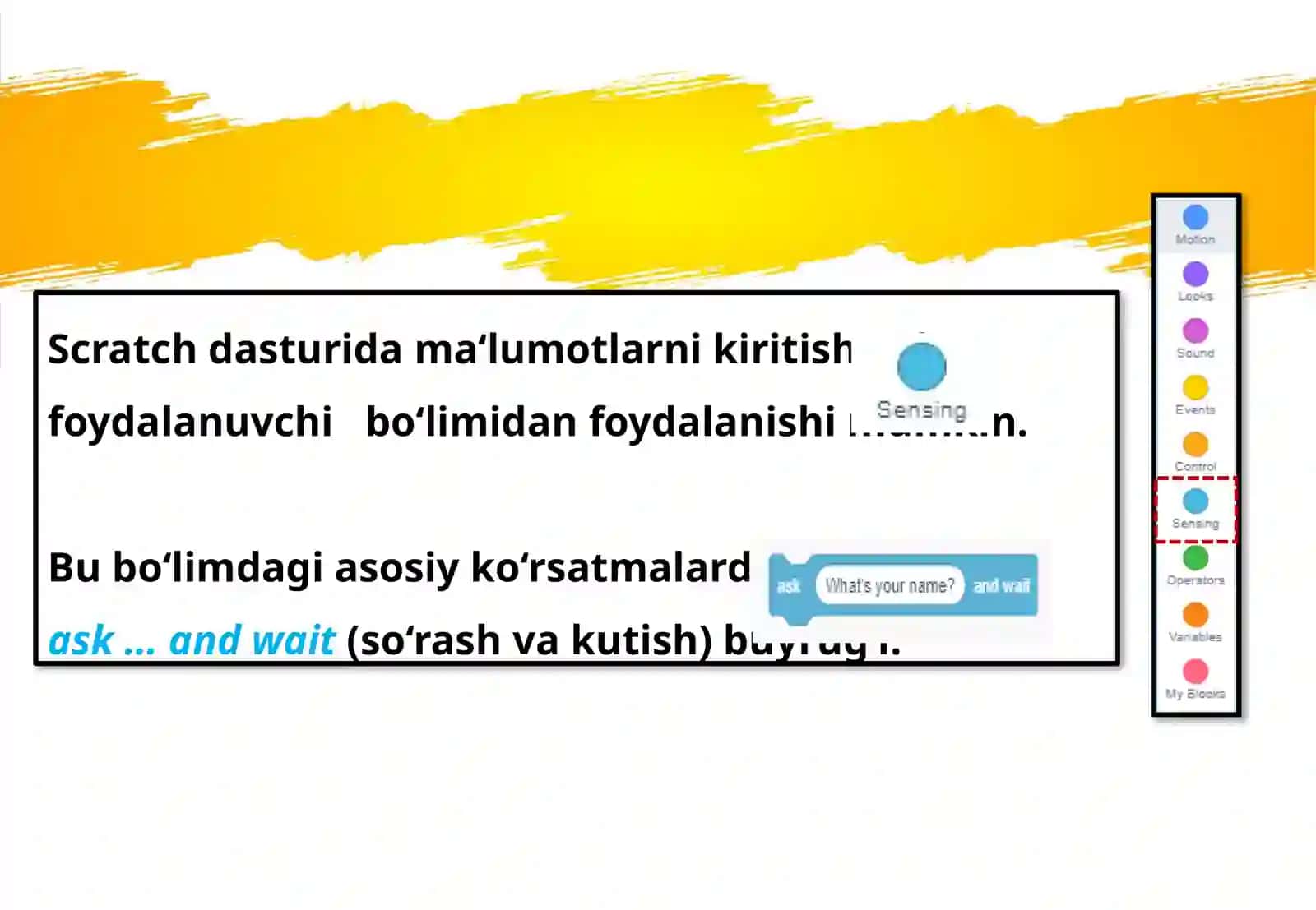 Scratch dasturiga asosiy ko'rsatmalar aks wait (so'raladigan va kutish) buyruqlari 3
