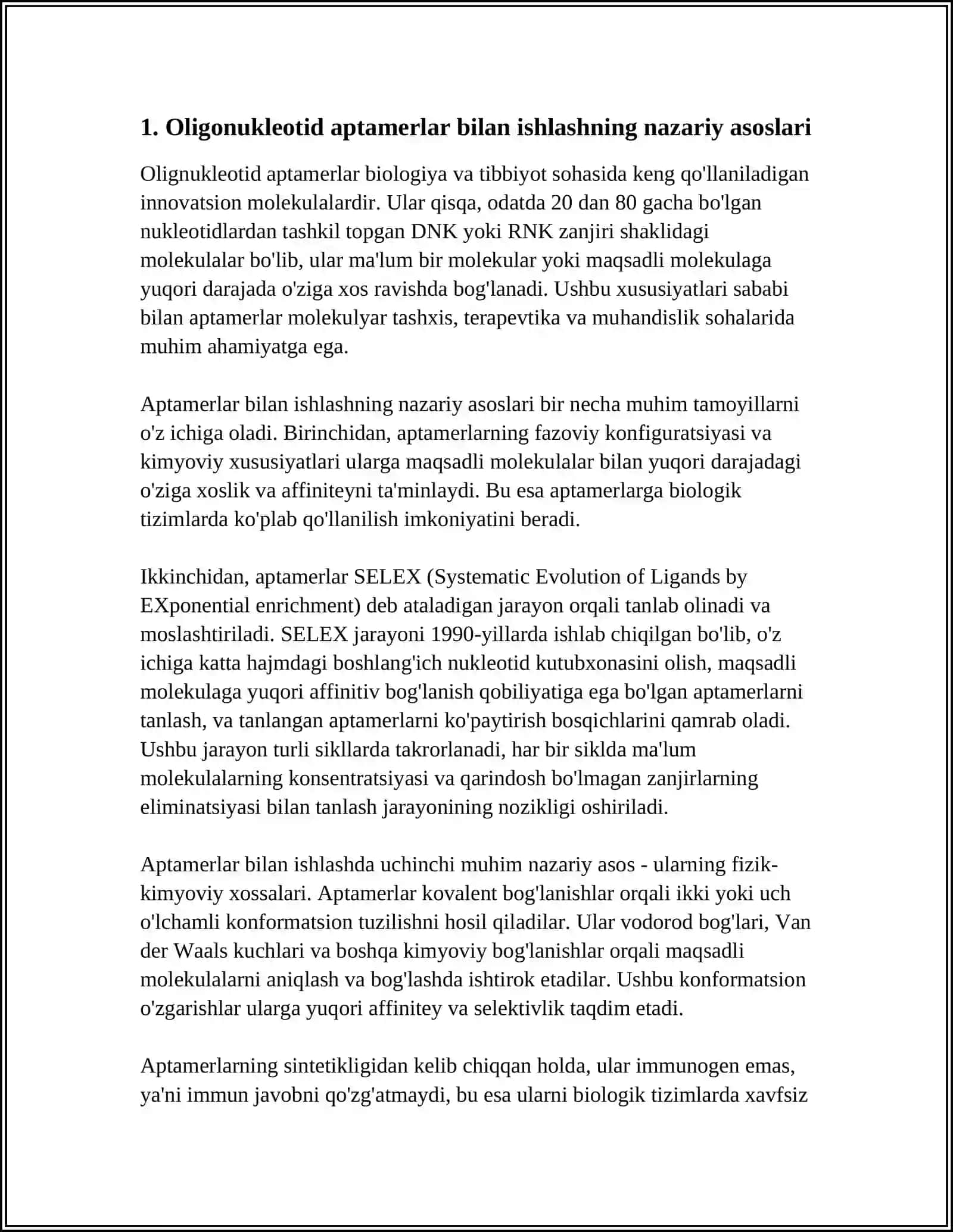 OLIGONUKLEOTID APTAMERLARI. ULARNING QABUL QILINISHI VA ISHLATILISHI 3