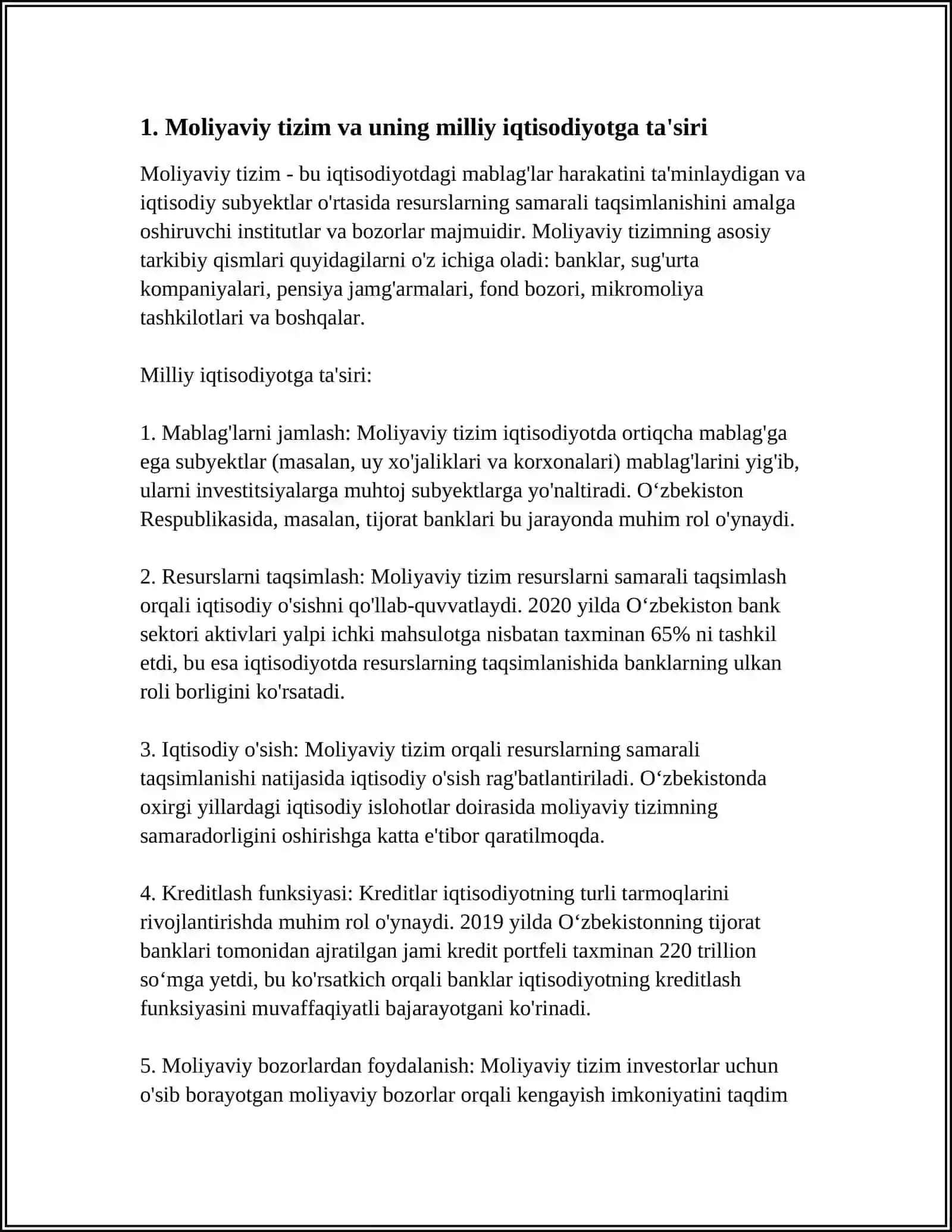 Moliya tizimi va milliy iqtisodiyotga ta'siri 3