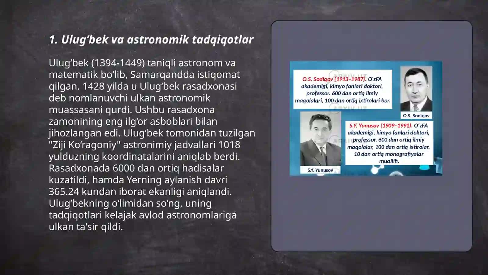 Kimyo fanining rivojlanishida oʻz xissalarini qoʻshgan Oʻzbekistonlik olimlar 3