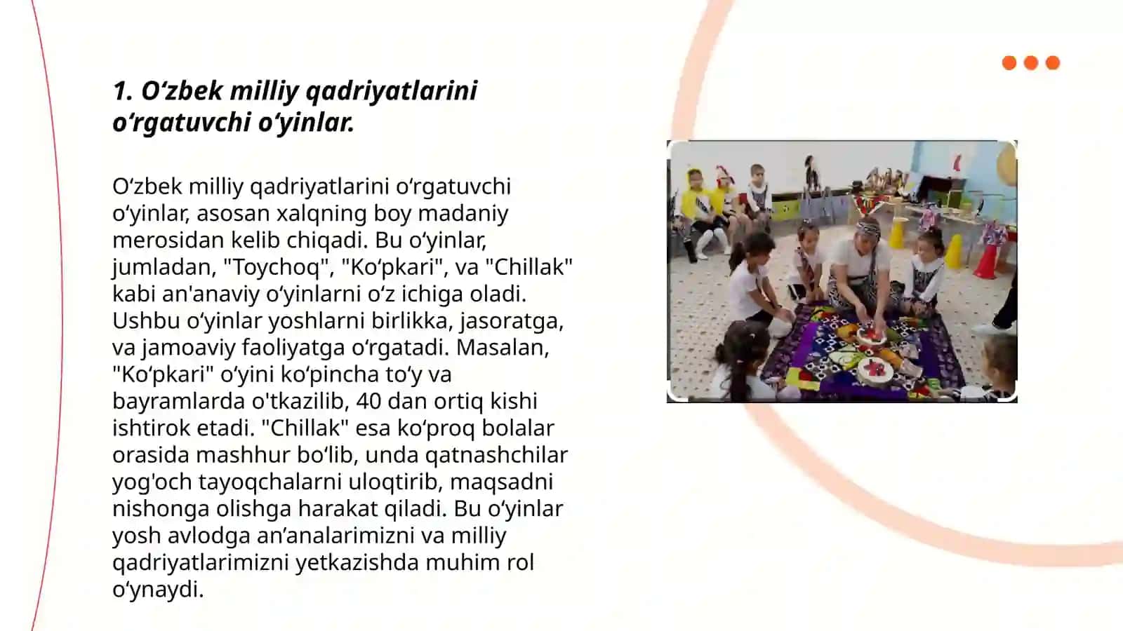 Maktabgacha taʼlim tashkiloti tarbiyalanuvchilarini milliy qadriyatlarga hurmat ruhida tarbiyalashda rivojlantiruvchi markazlarda olib boriladigan oʻyin taʼlimiy va frontal faoliyatni jarayonga tadbiq etish 3