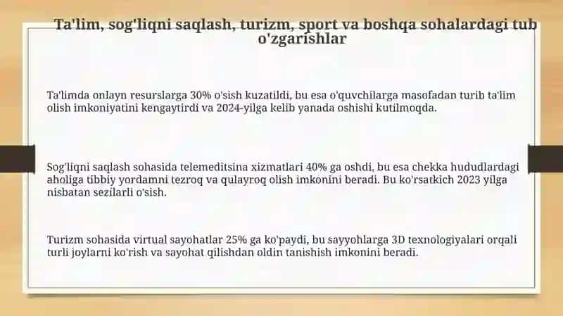 Ta'lim, sog'liqni saqlash, turizm, sport va boshqa sohalardagi tub o'zgarishlar 3