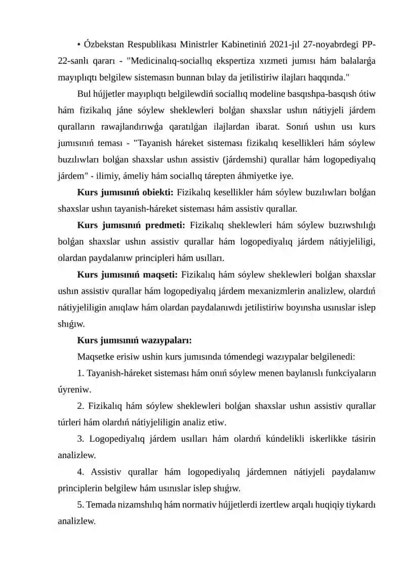 TAYANÍSH-QOZǴALÍS SISTEMASÍ FIZIKALÍQ KESELLIKLERI HÁM SÓYLEW BUZÍWSHÍLÍǴÍ BOLǴAN SHAXSLAR USHÍN ASSISTIV (JÁRDEMSHI) QURALLAR HÁM LOGOPEDIYALÍQ JÁRDEM 3
