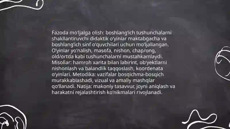 Fazoda moʻljalga olish: boshlangʻich tushunchalarni shakllantiruvchi didaktik oʻyinlar 3