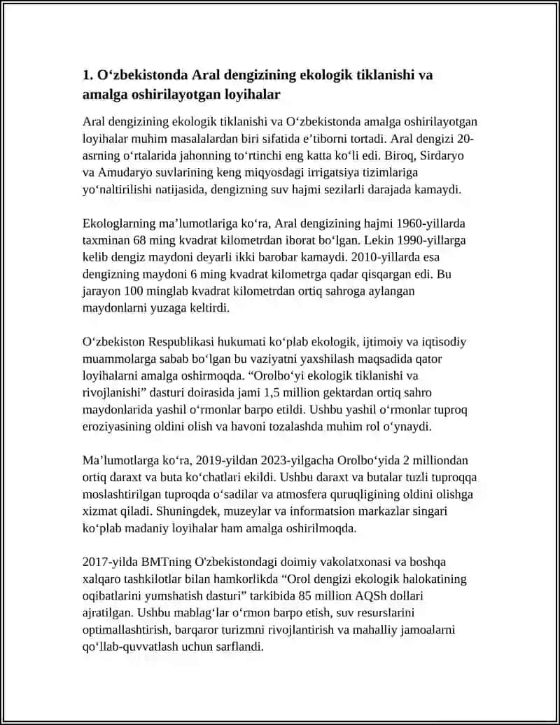 O‘ZBEKISTONDA EKOLOGIK MUAMMOLAR VA ULARNIA BARTARAF ETISH BORASIDA QILINAYOTGAN ISHLAR 3