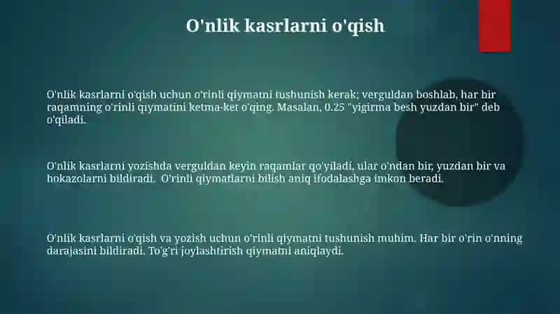 Oʻnli pozitsion sanoq sistemasida sonlarni yozilishi va oʻqilishi 3