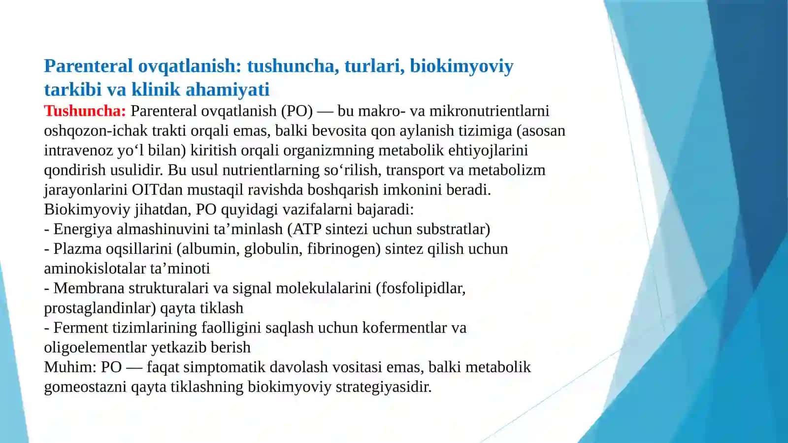 Parenteral ovqatlanish va uning klinik ahamiyati. Giperatsid holatlarda va oshqozon - ichak yara kasalliklarida antatsid preparatlarni qo’llashning biokimyoviy asoslari taqdimot 3