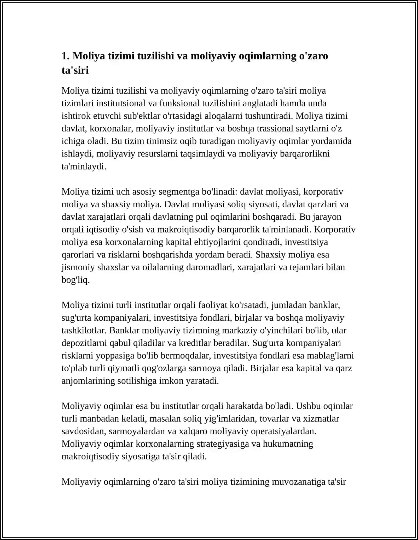 Moliya Tizimi Tuzilishi va Moliyaviy Oqimlarning O'zaro Bog'liqli 3
