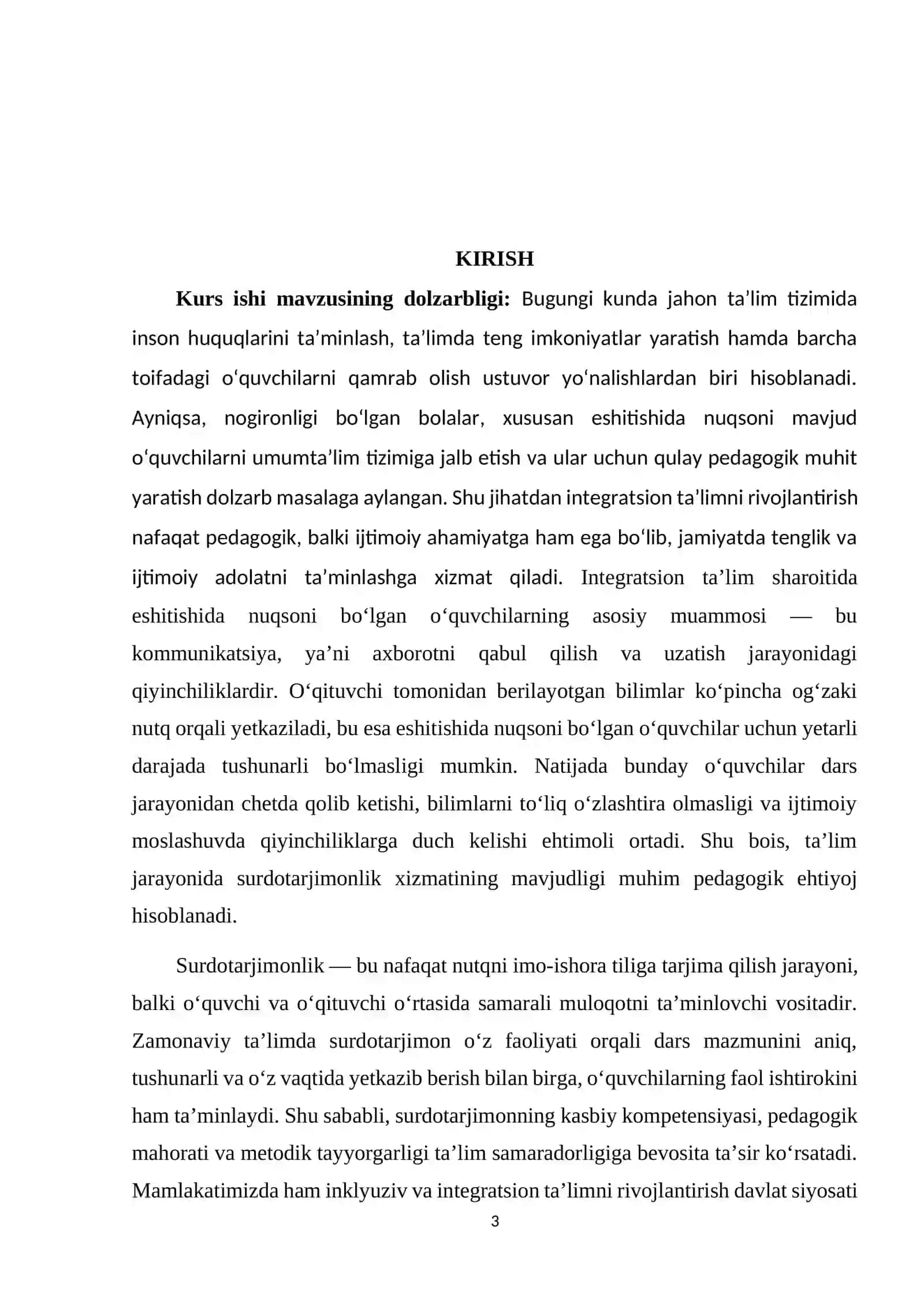 Kurs ishi: Umumta'lim maktablarida integratsion ta'lim jarayonida surdotarjimonlik 3