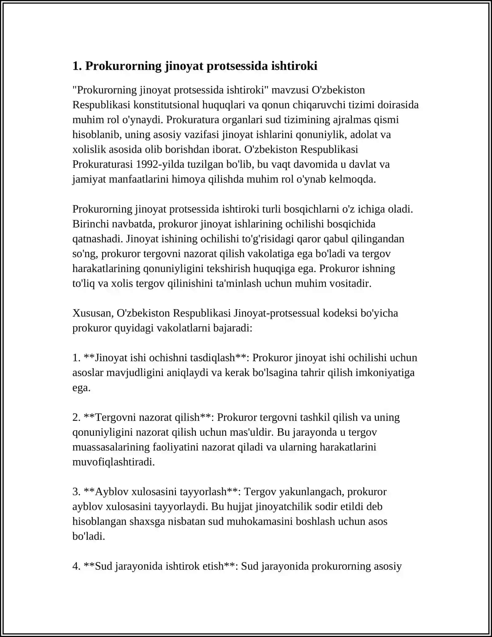 O'ZBEKISTON RESPUBLIKASI JINOYAT PROTSESSUAL HUQUQI BO'YICHA PROKUROR VA UNING VAKOLATLARI 3